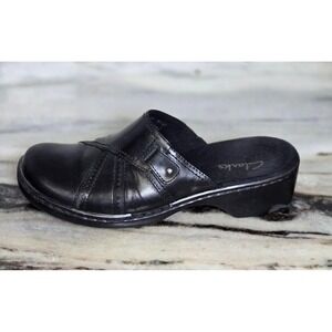 Clarks Womens Black Leather Slip on Clogs Mules 79853 Size 8